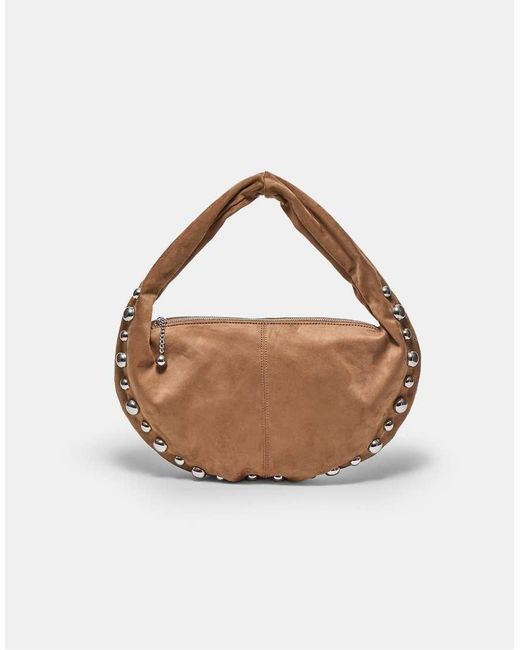 Stradivarius Natural Studded Faux Suede Shoulder Bag