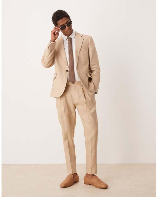 ASOS Natural Premium 100% Linen Tapered Suit Trousers for men