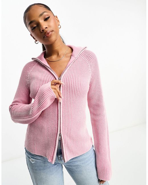 Monki Pink Ribbed Knitted Two Way Zip Cardigan