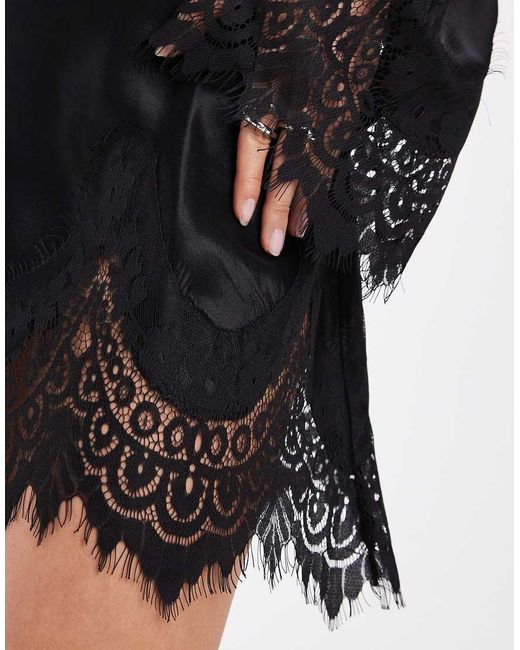 ASOS Black Satin Lace Trim Angel Sleeve Mini Dress
