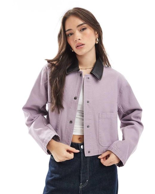 ASOS Purple Cropped Washed Barn Jacket With Leather Look Collar
