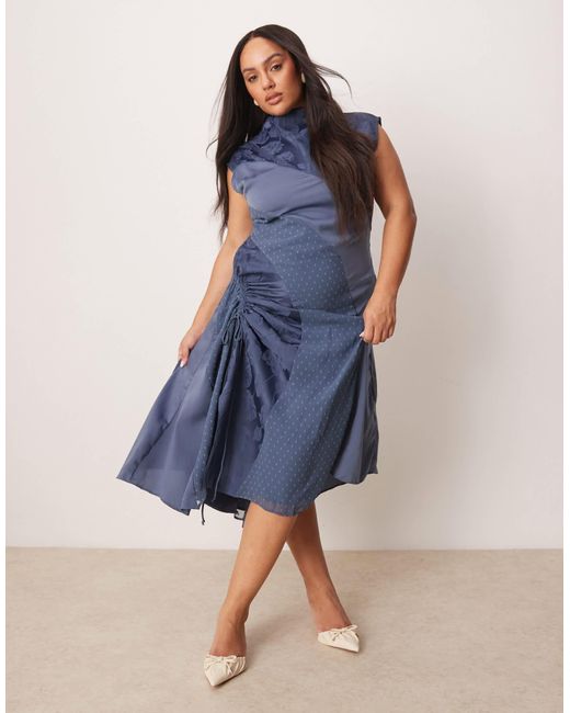ASOS Blue Asos Design Curve Spliced Jacquard & Dobby Midi Dress With Ruched Side