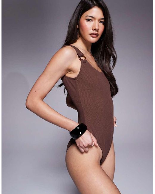 The Frolic Brown Exclusive Crinkle Resin Ring Strap Detail Scoop Neck Swimsuit