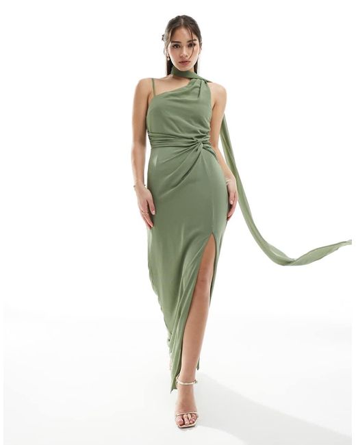 TFNC London Green Bridesmaid One Shoulder Maxi Dress With Twist Front And Scarf Detail