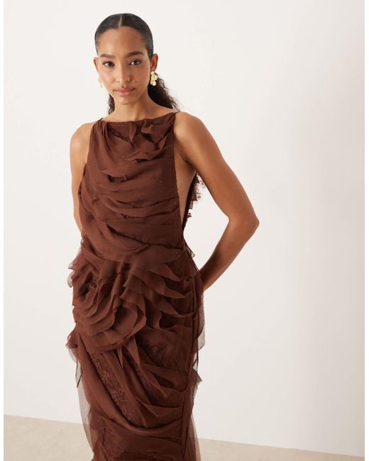 ASOS Brown High Neck Raw Edge Ruffle Maxi Dress With Lace Inserts