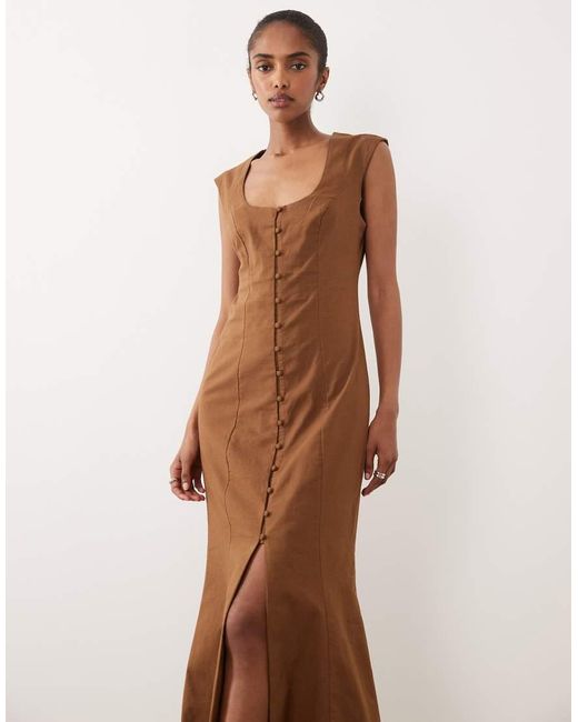 ASOS Brown Square Neck Button Down Midi Sundress