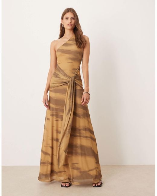 ASOS Brown Printed Mesh With Draped Sash & Belt Maxi Dress