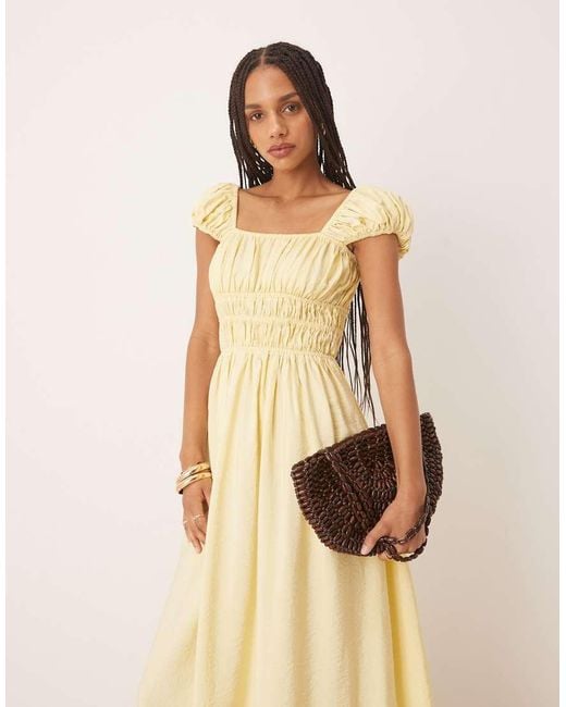 ASOS Natural Square Neck Short Sleeve Midi Dress With Cinched Channel Waist