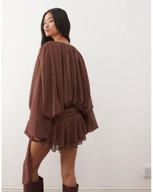 Lioness Brown Elements Petite Chiffon Drape Detail Balloon Sleeve Tie Waist Mini Dress