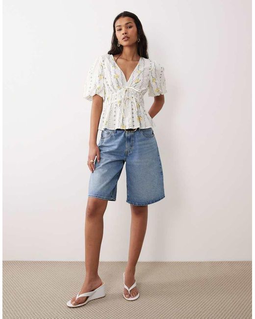 Nobody's Child Blue Cordelia V-neck Puff Sleeve Tie Detail Top