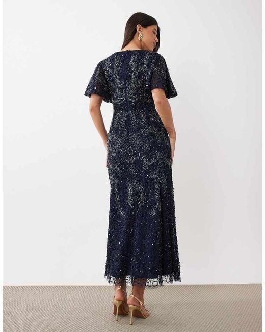 Beauut Blue Embellished V Neck Wrap Flutter Sleeve Maxi Dress