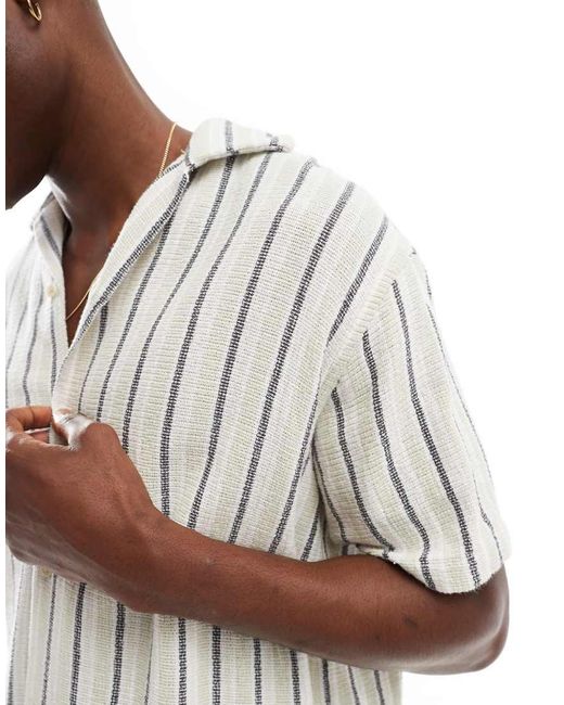 Camisa A Rayas Verdes Y Azules Con Cuello De Solapas De Tejido Efecto Lino De Jack & Jones de hombre de color White