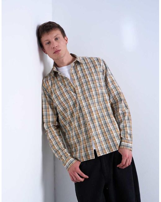 Topman Brown Regular Fit Textured Check Shirt for men