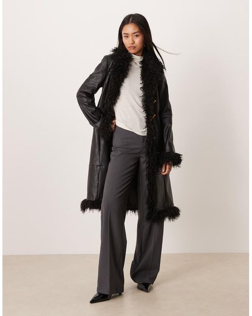 Mango Black Faux Leather Long Jacket With Contrast shaggy Trims