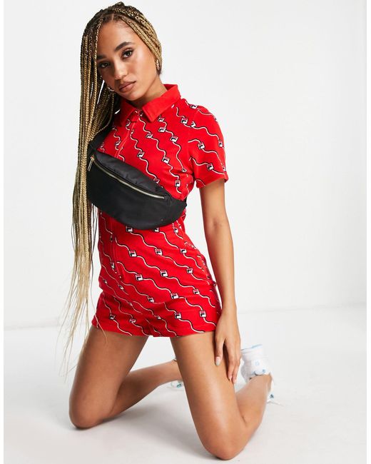 Fila Red All Over Logo Zip Front Romper