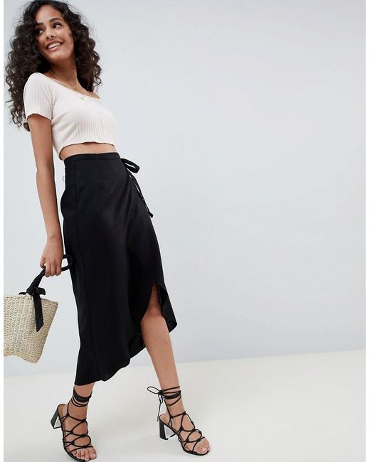 ASOS Wrap Midi Skirt With Tie Side in Black | Lyst