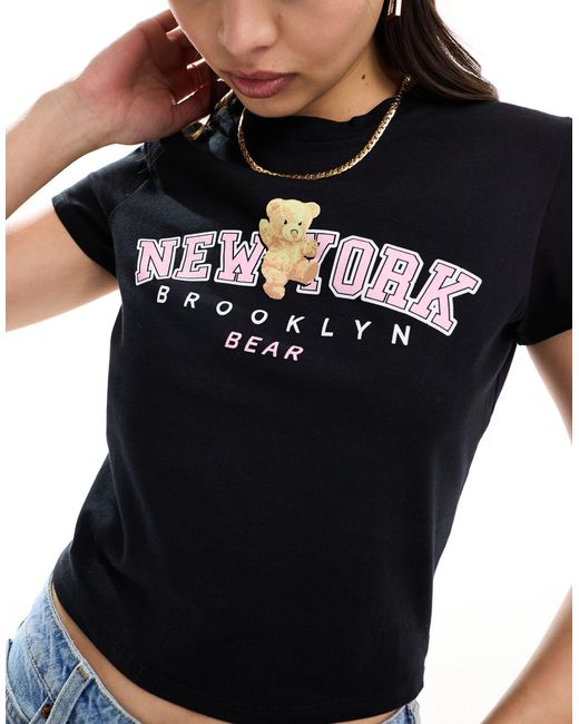 ASOS Black Baby Tee With New York Brooklyn Bear Graphic