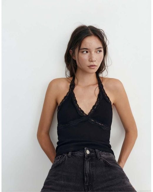 Pull&Bear Blue Lace-trimmed Halter Top