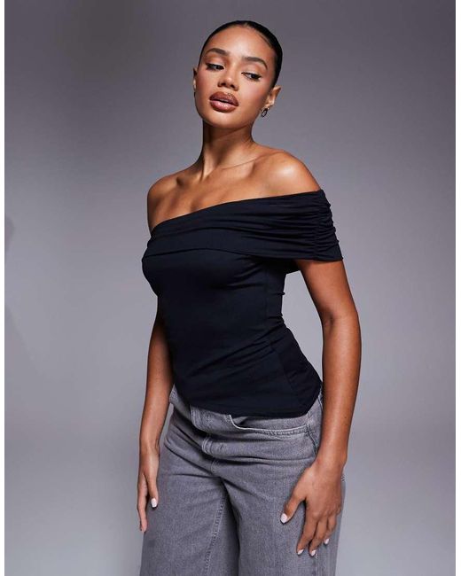 ASOS Asymmetrische Bardot-Top Van Polyamide in het Blue