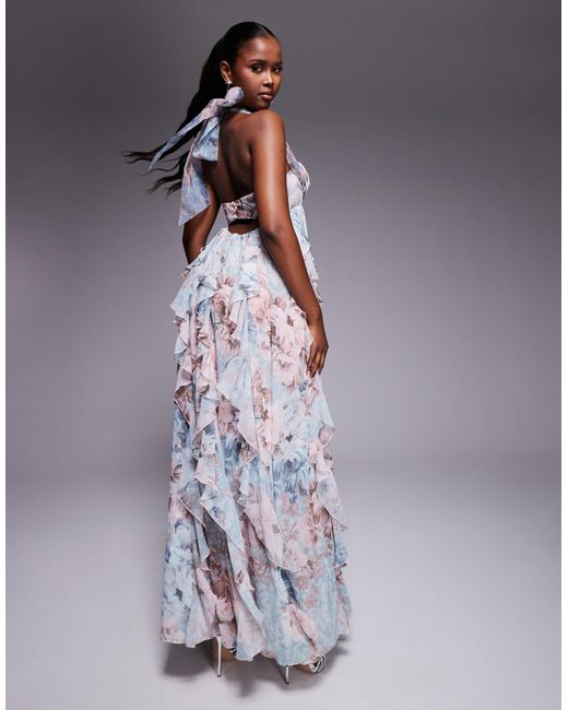 ASOS Green Halter Maxi Dress With Waterfall Ruffles