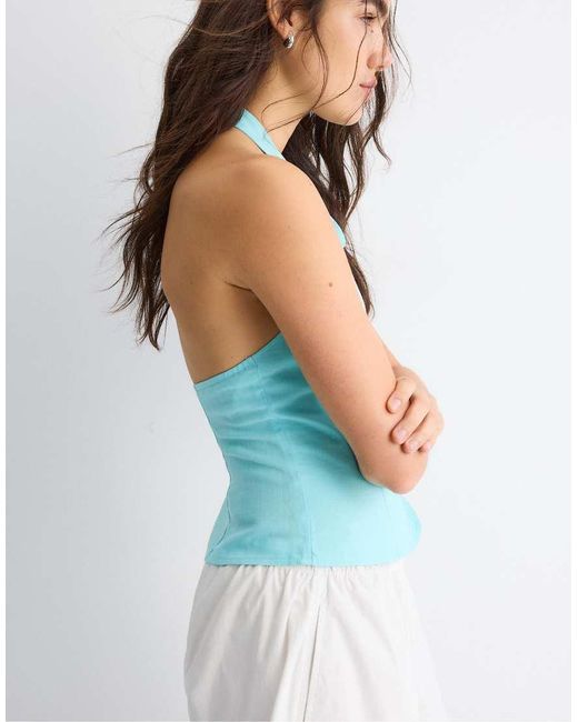 Stradivarius Blue Qipao Halter Button Top