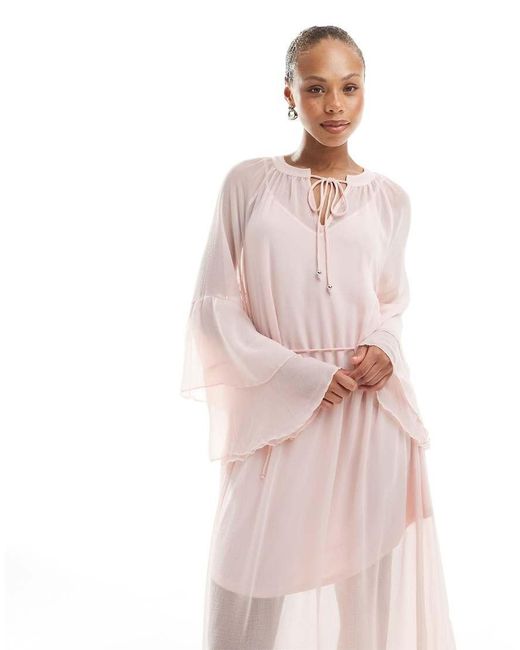 Vero Moda Pink Boho Frill Sleeve Tie Waist Maxi Dress