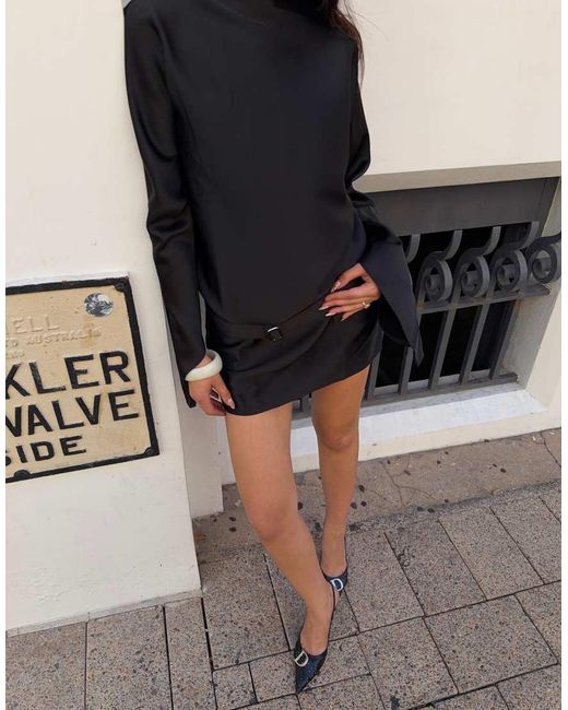 Lioness Black Touch Satin Slash Neck Flared Sleeve Belted Mini Dress