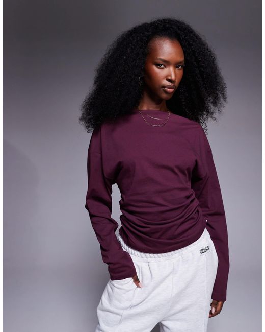 T-shirt à manches longues froncé sur les côtés - prune foncé ASOS en coloris Purple