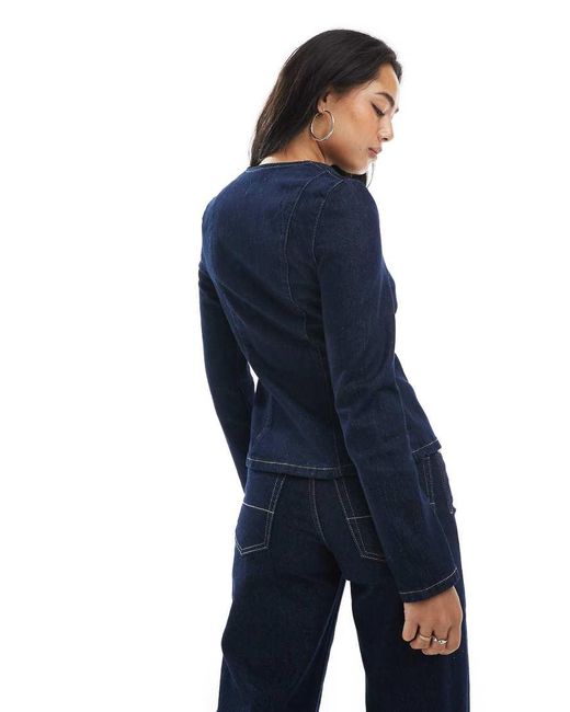 ASOS Blue Collarless Denim Jacket With Shoulder Pads And Cinched Waist