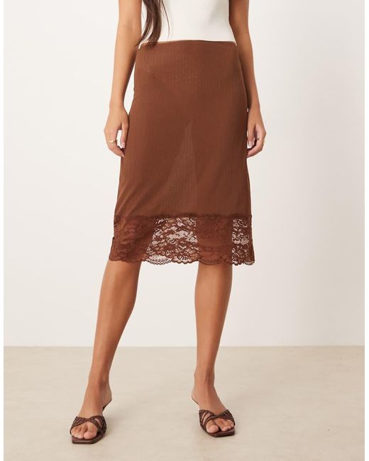 ASOS Natural Awkward Length Gauzy Sheer Ribbed Skirt With Lace Trim