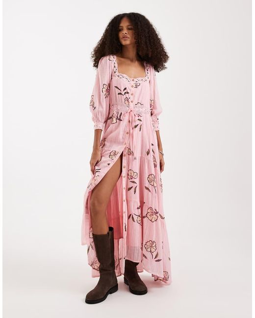 Free People Red Morning Meadows Button Down Midi Dress