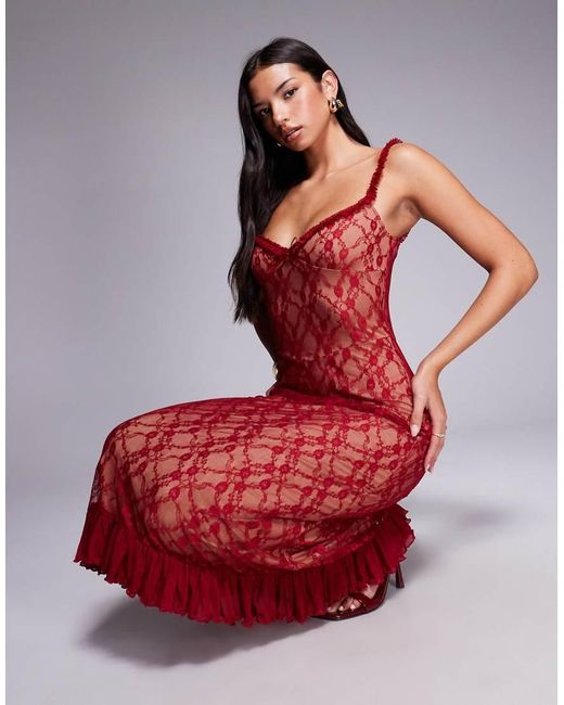 Tiger Mist Red Deja 90s Lace Ruffle Trim Bow Detail Midi Dress