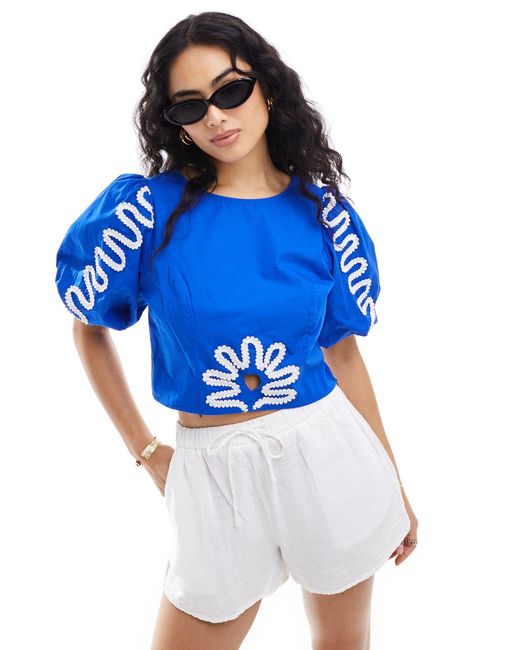 Stradivarius Blue Puff Sleeve Top With Embroidery Detail