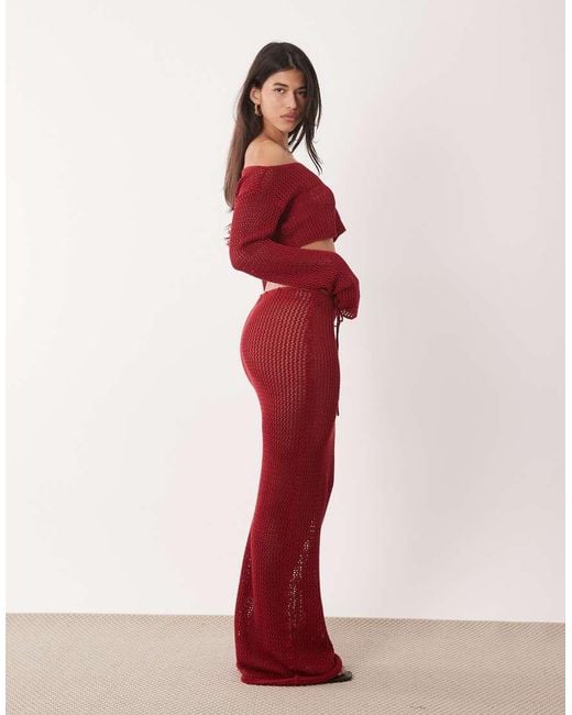 Aria Cove Red Open Crochet Off Shoulder Flare Sleeve Beach Crop Top Co-ord