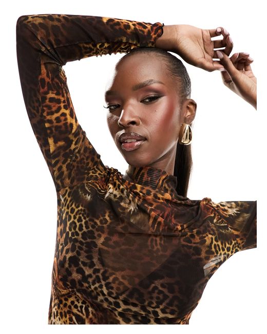 Top de cuello alto con estampado de leopardo de malla de (parte de un conjunto)-multicolor ASOS de color Brown