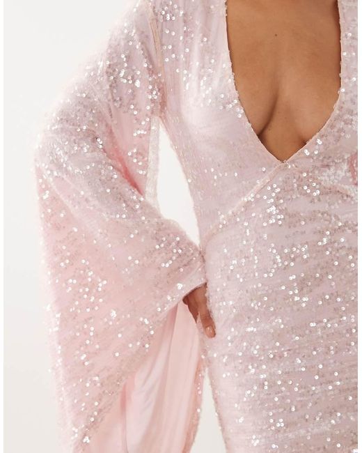 ASOS Pink Sequin Plisse Batwing Mini Dress With Ruching Detail