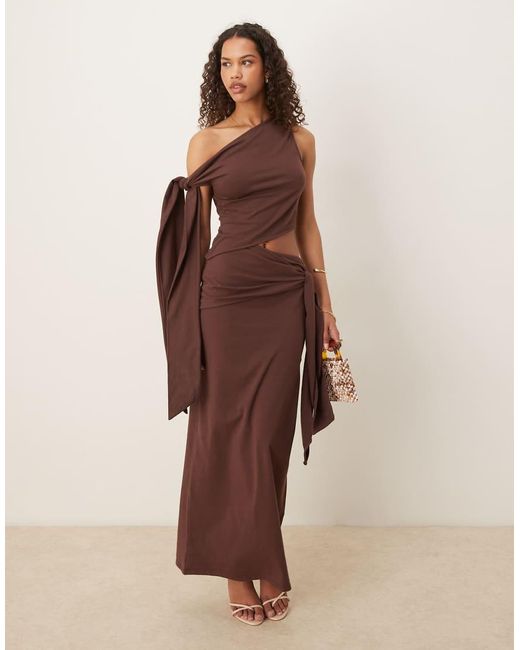 ASOS Brown Fallen Shoulder Midi Dress With Tie Detail
