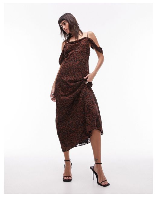 TOPSHOP Brown Premium Off Shoulder Cami Midi Dress