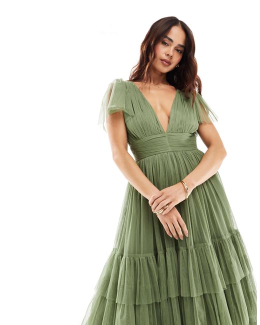 L'invitée - madison - robe mi-longue en tulle à col v - olive LACE & BEADS en coloris Green