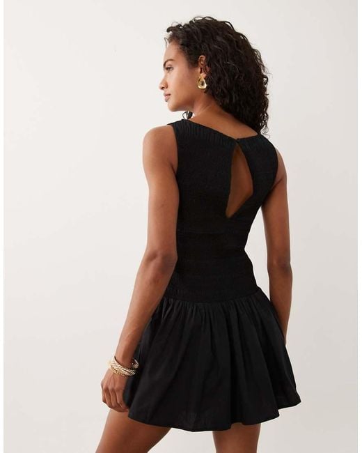Abercrombie & Fitch Black Slash Neck Smocked Skort Mini Dress