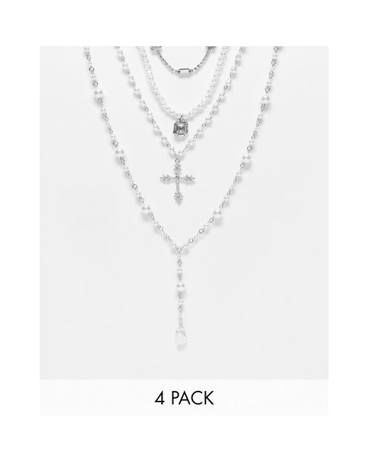 ASOS White 4 Pack Statement Pearl And Crystal Necklace for men