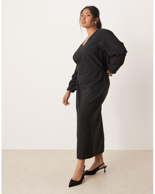 Pretty Lavish Curve Black Long Sleeve Plunge Maxi Dress