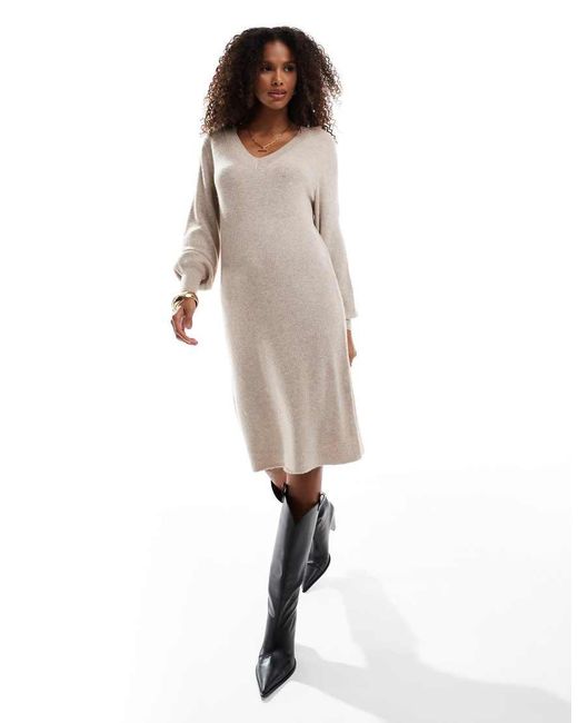 ONLY Natural V-Neck Knitted Midi Dress