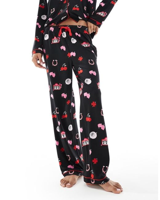 Loungeable Black Supersoft Jersey Lucky Print Pajama Set