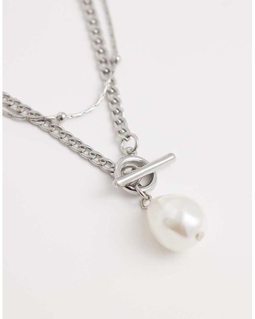 ASOS White Two Pack Of Necklaces With T-bar And Faux Freshwater Pearl Pendant