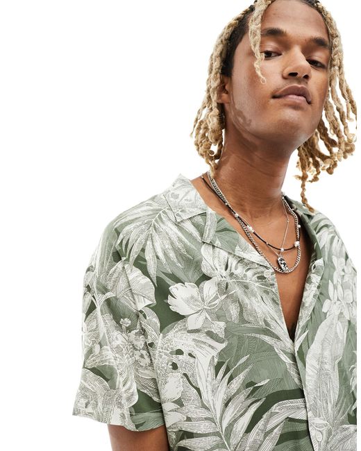 Chemise manches courtes avec col à revers et imprimé tropical - kaki Native Youth pour homme en coloris White