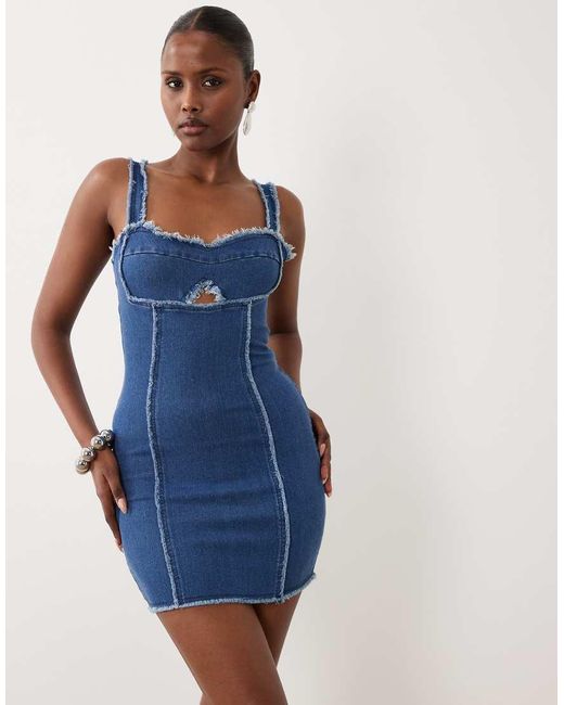 The Frolic Blue Exclusive Denim Raw Edge Seam Detail Mini Dress