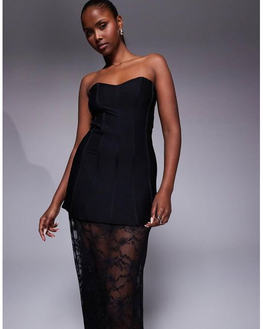 Kaiia Blue Exclusive Structured Bandeau Contrast Skirt Sheer Hem Maxi Dress