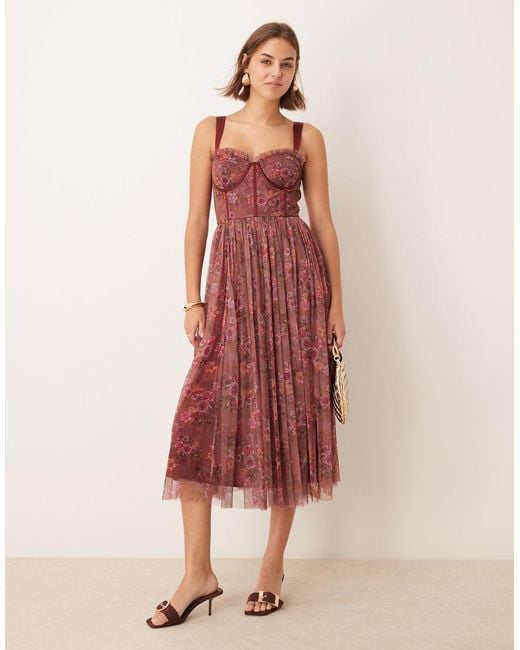LACE & BEADS Pink Corset Floral Tulle Midi Dress