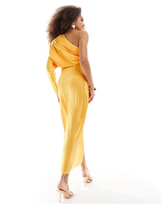 ASOS Yellow Satin One Shoulder Drape Detail Midi Dress